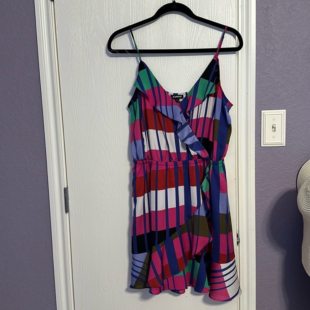 Express Multicolor Striped Ruffle Wrap Dress - Pink, Red, Green, Blue, Purple